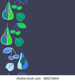 Vertical motif, doodles,fruits, cherries, pears,leaves,grains, seamless, copy space. Hand drawn.