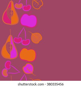 Vertical motif, doodles,fruits, cherries, pears,leaves,grains,apples, seamless, copy space. Hand drawn.