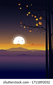 Vertical mountain landscape with silhouettes misty pine trees in forest with sunrise, Peaceful panoramic natural in minimalist style, Evening light natural for holiday season background concept