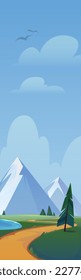 Vertical mountain landscape summer illustration. Sky nature and road banner for outdoor adventure design. Wilderness orientation path scene for brochure template. Journey advertising in social media.