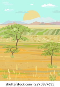 Vertical mountain landscape with sunrise. Plain with acacia trees.