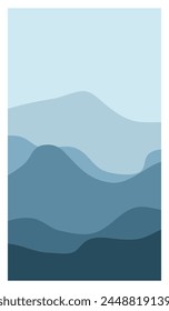 Vertical mountains landscape for social media stories and posters. Vector nature landscape and background with silhouettes of high mountains and clear sky. Colored flat vector illustration