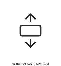 Movimiento de Vertical, icono de estilo lineal. Flechas que apuntan hacia arriba y hacia abajo desde un rectángulo. Ancho de trazo editable