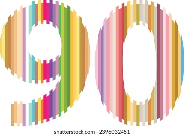vertical multi color lines number ninety vector illustration, isolated on white background.