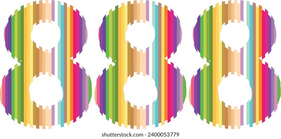 vertical multi color lines number triple eight vector illustration, isolated on white background.