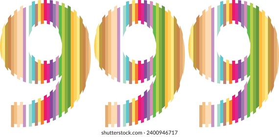 vertical multi color lines number triple nine vector illustration, isolated on white background.