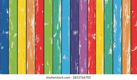 Vertical multicolored weathered timber slats background featuring distressed paint in rainbow colors including red, orange, yellow, green, blue, and purple with visible wood grain and texture.