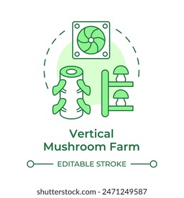 Vertical mushroom farm soft green concept icon. Mushroom cultivation technique. Vertical layers. Indoor farming. Round shape line illustration. Abstract idea. Graphic design. Easy to use in article