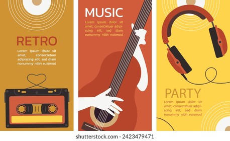 Vertical music posters set. Cassette, guitar, retro headphones in old fashion colors. Perfect for music lovers and retro enthusiasts. Social media decoration.