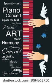 Vertical musical banner with abstract text,multicolor piano keyboard and winged hands of musician on black background in vector.