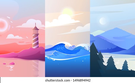 Vertical nature banners. Gradient landscape with mountains and wood. Abstract background of lighthouse on the coast, national park with a lake, stormy sea with waves. 