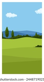 Vertical nature landscape with blue sky and clouds, mountains, grass fields, hills, trees or forest for social media stories and posters. Aesthetic countryside poster design. Flat vector illustration