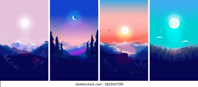 Vertical nature landscape set    Collection beautiful backgrounds in mobile format landscapes and moon  sun  mountains  day  night  sky   forest  Wallpaper  vector illustrations 