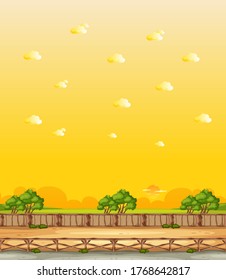 Vertical nature scene or landscape countryside with forest view and yellow sunset sky view illustration