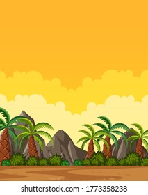 Vertical nature scene or landscape countryside with palm trees view and yellow sunset sky view illustration