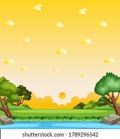 Vertical nature scene or landscape countryside with forest riverside view and yellow sunset sky view illustration