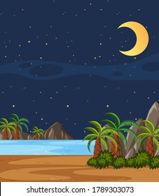 Vertical nature scene or landscape countryside with plam trees by the beach and blank sky at night illustration