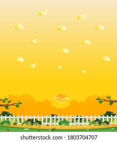 Vertical nature scene or landscape countryside with part of fence in the farm view and yellow sunset sky view illustration