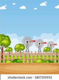 Vertical nature scene or landscape countryside with wind turbines and blank sky at daytime illustration