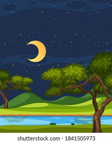 Vertical nature scene or landscape countryside with forest view and riverside blank sky at night illustration