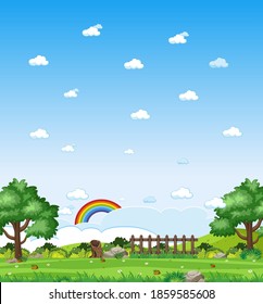 Vertical nature scene or landscape countryside with forest view and rainbow in blank sky at daytime illustration