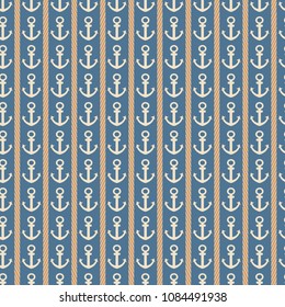 Vertical Nautical seamless pattern with anchors.  Created with the help of ropes and anchors drawn by hand. Vector illustration.