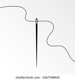 Vertical needle and curvy thread vector illustration. Dark gray sewing needle silhouette with wavy thread isolated on white background for tailor website or promo fashion product