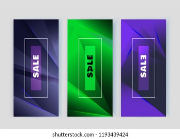 Vertical neon blue green violet banners. Triangle design elements. Abstract background