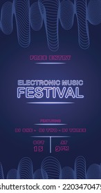 vertical neon blue poster for social media stories, posts, banners, electronic music festival