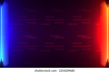 Vertical neon frame or neon lights sign with dark brick wall vector background, tunnel, portal. Geometric glow outline shape, glowing laser lines, and abstract background with space for your text.