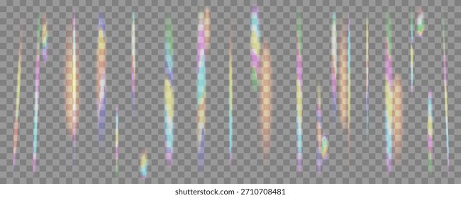 Vertikal leuchtende Neonlinien und digitale Artefakte mit Glitch-Effekt. Regenbogen Licht Leck Overlay mit bunten Prisma Refraktion Streifen auf transparentem Hintergrund. Bearbeitbare Vektorgrafik. 