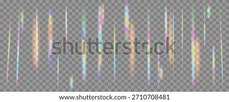 Vertical neon glowing lines and digital artifacts with glitch effect. Rainbow light leak overlay with colorful prism refraction streaks on a transparent background. Editable vector illustration. 
