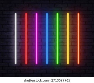 Vertikale Neonröhren in mehreren hellen Farben leuchten gegen eine dunkle Ziegelwand. Die saubere Anordnung schafft einen modernen Hintergrund mit einer starken futuristischen Stimmung.