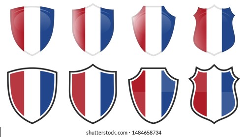 Vertical Netherlands flag in shield shape, four 3d and simple versions. Dutch icon / sign