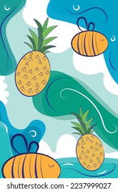 Vertical neutral colored background with bee and pineapple sketches Vector