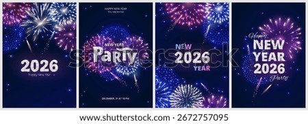 Vertical new year 2026 party posters with sparkling fireworks on night sky in purple, blue, red and silver. Perfect happy new year greeting, festive celebration and fireworks background. Vector.