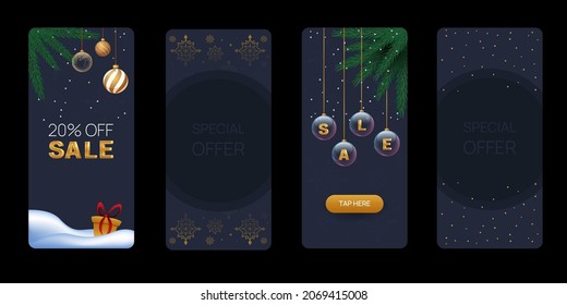 Vertical new year banners with fir branches and christmas tree balls. Winter sale flyers template decoration with snowlakes