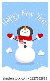 Vertical New Year card with cute friendly snowman