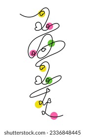 Vertical New Year Lettering 2024 in one continuous solid line with a garland of colored circles.