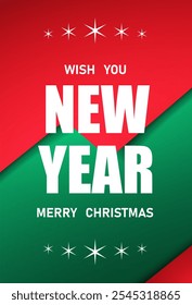 Vertical new year postcard on red and green colors background white elements (hand drawn, not AI)