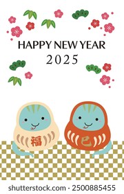 Vertical New Year's card with Daruma, the Japanese zodiac sign for the Year of the Snake 2025 translation : fuku(good fortune) mi(snake)