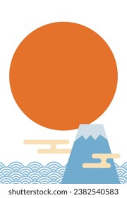 Vertical New Year's greeting card template with dark blue Mt. Fuji, first sunrise and wave pattern