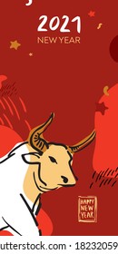 Vertical new year's red banner with the symbol of 2021 new year. White metal bull drawn with a line in Chinese style. Template for a poster, invitation, card for a holiday party. Vector iliustration.