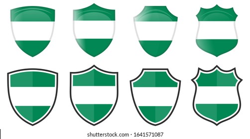 Vertical Nigeria flag in shield shape, four 3d and simple versions. Nigerian icon / sign
