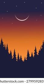 Vertical night forest landscape with crescent moon and stars. Minimalist nature background featuring pine tree silhouettes, twilight sky and peaceful wilderness scenery