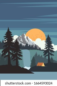 Vertical night landscape with mountains, forest, lake and waterfall. Evening with full moon at a nature reserver with camping place and a tent near the river in a flat minimalictic stile for print.