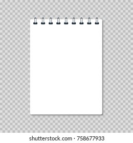 Vertical notebook - clean white notepad mockup isolated on transparent vector background. Note page and notebook, notepad realistic vector illustration