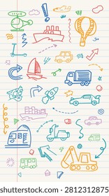A vertical notebook lined paper wallpaper featuring high altitude hot air balloons, heavy construction excavators, and helicopter doodles with arrow lines.