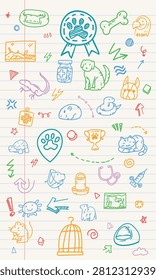 A vertical notebook paper pattern containing avian specialist bird cages, reptile wellness trophies, and vet stethoscope doodles.