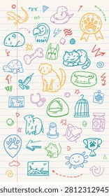 A vertical notebook paper wallpaper with aquatic fish tanks, exotic reptile lizard wellness, and medicine bottle doodles.